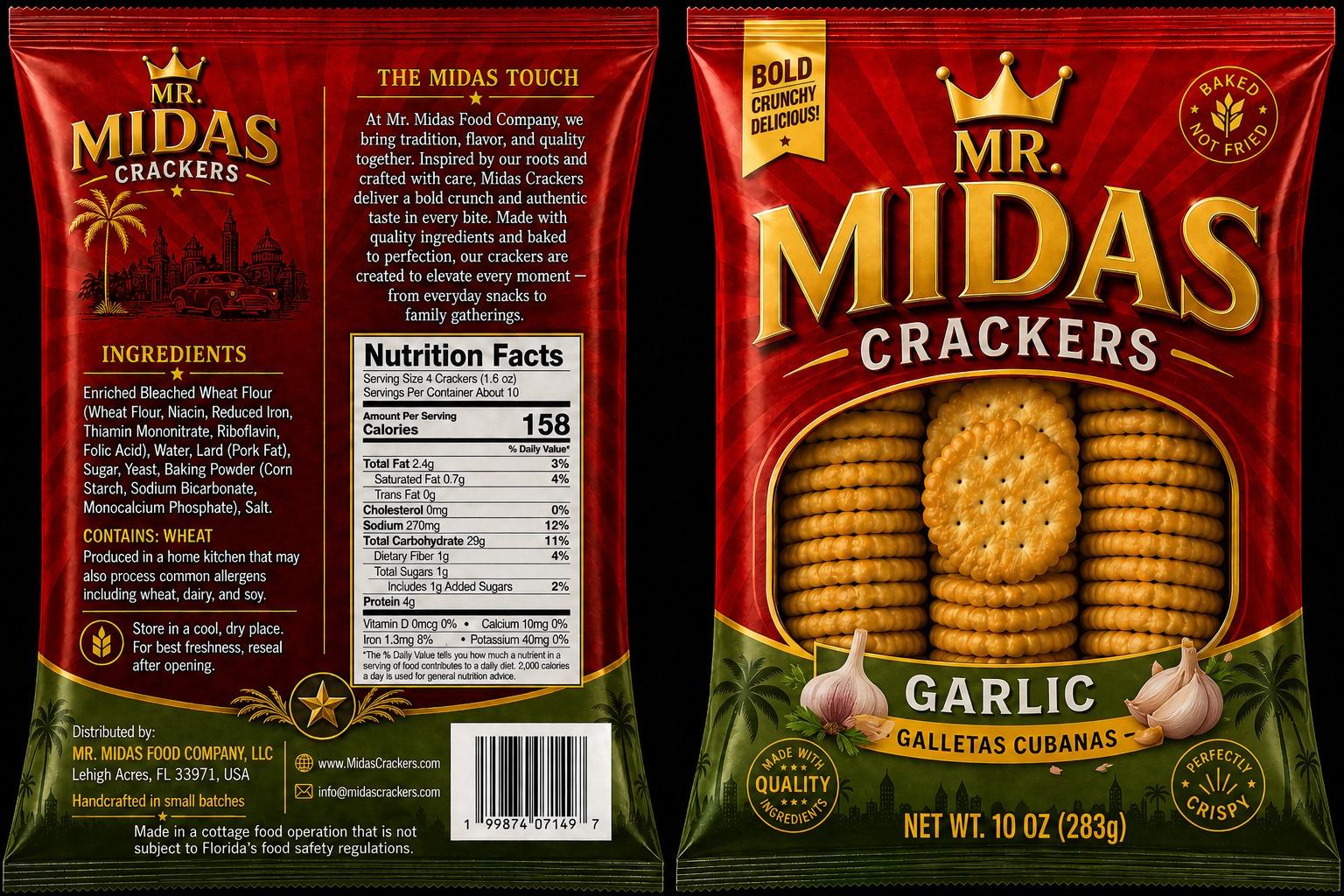 Mr. Midas Crackers packaging, front and back